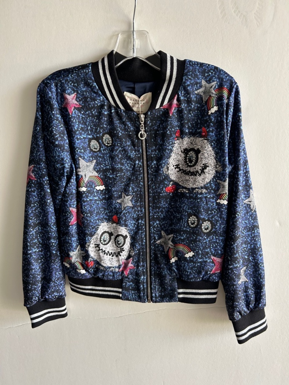 Hannah Banana Navy Sequin Monster Bomber Jacket with Rainbows and jewels. NWT